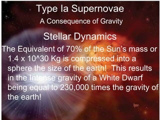 Type Ia Supernovae
A Consequence of Gravity
Stellar Dynamics
The Equivalent of 70% of the Sun’s mass or
1.4 x 10^30 Kg is compressed into a
sphere the size of the earth! This results
in the Intense gravity of a White Dwarf
being equal to 230,000 times the gravity of
the earth!
 