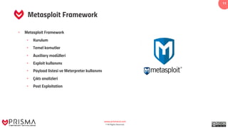 www.prismacsi.com
© All Rights Reserved.
11
Metasploit Framework
• Metasploit Framework
• Kurulum
• Temel komutlar
• Auxiliary modülleri
• Exploit kullanımı
• Payload listesi ve Meterpreter kullanımı
• Çıktı analizleri
• Post Exploitation
 
