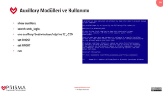 www.prismacsi.com
© All Rights Reserved.
34
Auxillary Modülleri ve Kullanımı
• show auxillary
• search smb_login
• use auxillary/dos/windows/rdp/ms12_020
• set RHOST
• set RPORT
• run
 