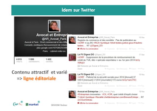 Idem sur Twitter

Contenu attractif et varié
=> ligne éditoriale

®

®

14
DEVCOM Toulouse 2013

Copie ou distribution int...