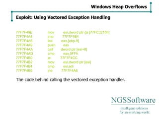 77F7F49E mov  esi,dword ptr ds:[77FC3210h] 77F7F4A4 jmp  77F7F4B4 77F7F4A6 lea  eax,[ebp-8] 77F7F4A9 push  eax 77F7F4AA call  dword ptr [esi+8] 77F7F4AD cmp  eax,0FFh 77F7F4B0 je  77F7F4CC 77F7F4B2 mov  esi,dword ptr [esi] 77F7F4B4 cmp  esi,edi 77F7F4B6 jne  77F7F4A6 The code behind calling the vectored exception handler. Windows Heap Overflows Exploit: Using Vectored Exception Handling 
