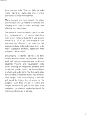 level reading skills. This can help to make
more complex subjects much more
accessible to lower level learners.
Many learners are more visually stimulated
and research tells us that the use of color and
imagery can help to make learning more
effective and memorable.
The study of many academic topics involves
the understanding of dense statistical
information. Helping students to use graphic
m a t e r i a l s b o t h t o u n d e r s t a n d a n d
communicate information can reinforce their
academic study skills and enable them to be
more successful students, especially when
they reach tertiary level.
Developing students’ abilities to take
information and make it visual is both a useful
work skill and an engaging way to develop
students’ thinking and visualization skills.
When creating an infographic students have
to be able to comprehend the information as
a whole and understand how the parts relate
to each other in order to decide how to layout
their design. Their understanding of the data
will need to inform the structure of the
graphic. Even their choice of colors and
images to use in the graphic will need to be
supported by a deeper understanding of the
information they want to convey.
8
aure.garcia09@gmail.com 27 Nov 2016
 