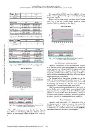 World Academy of Science, Engineering and Technology 
International Journal of Medical, Health, Pharmaceutical and Biomedical Engineering Vol:8 No:10, 2014 
Fig. 3 Report of MLP performance on the second approach 
9999626 
Publication/org/waset.2014 10, No:Fig. 4 Report of RBF performance on the second approach 
8, Vol:Index Science International Fig. 5 MLP learning curves and Mean Squared Errors (MSEs), 
associated to the second approach 
The MLP learning curves show that the Mean Squared 
Error (MSE) for both training and cross-validation data sets 
decrease by increasing the number of epochs up to 1000 (Fig. 
5). 
International Scholarly and Scientific Research & Innovation 8(10) 2014 667 This suggested that the MLP neural network built with one 
hidden layer was preliminarily a good model for classifying 
the gait data inputted. 
In fact, whilst the MLP learning curves are parallel to each 
other (Fig. 5), the RBF learning curves suggest a certain 
scarcity of ability in modeling the data (Fig. 6). 
Fig. 6 RBF learning curves and Mean Squared Errors (MSEs), 
associated to the second approach 
VII. DISCUSSION AND CONCLUSIONS 
Taking the considerations on the two approaches analyzed 
in the previous sections of this research paper into account, the 
second approach has to be preferred with respect to the first 
method. Therefore, the rate of change in the three joint angles’ 
magnitude, correlated to the walking speed only, resulted to be 
statistically more relevant than considering the change of joint 
angles through several time frames. 
The findings indicate that, neural networks, such as the 
MLP built in the first approach followed in this research work, 
can discriminate between the two prosthetic foot devices with 
a reasonably high accuracy (77.78% and 75% for the first 
prosthetic device and the second device, respectively). 
These results would provide a medical doctor with a tool to 
assess whether or not considering the kinematic data (i.e. the 
angles generated at each joint on the lower limb) would be 
relevant for each individual trans-tibial amputee, and would 
save time in assessing the performance of different prosthetic 
devices by choosing the most suitable criterion of analysis. 
ACKNOWLEDGMENT 
The author would like to thank Prof F Mancini for giving to 
him the opportunity to carry out a summer internship at the 
I.I.A.S.S and, therefore, get the chance to develop the present 
collaborative work, as well as the IMechE and SWIEET2007 
for their contribution to present this research paper. 
 