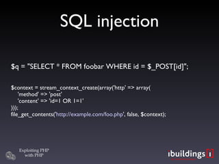 SQL injection $q = &quot;SELECT * FROM foobar WHERE id = $_POST[id]&quot;; $context = stream_context_create(array('http' => array(   'method' => 'post'   'content' => 'id=1 OR 1=1' ))); file_get_contents(' http://example.com/foo.php ', false, $context); 