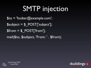 SMTP injection $to = 'foobar@example.com'; $subject = $_POST['subject']; $from = $_POST['from']; mail($to, $subject, 'From: ' . $from); 