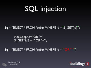 SQL injection <ul><li>$q = &quot;SELECT * FROM foobar WHERE id =  ' $_GET[id] ' &quot;; </li></ul><ul><li>index.php?id=' O...