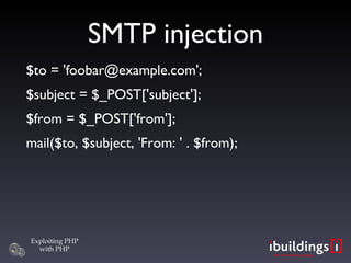 SMTP injection <ul><li>$to = 'foobar@example.com'; </li></ul><ul><li>$subject = $_POST['subject']; </li></ul><ul><li>$from...