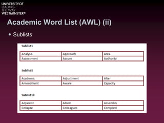 Academic Word List (AWL) (ii)
 Sublists
 