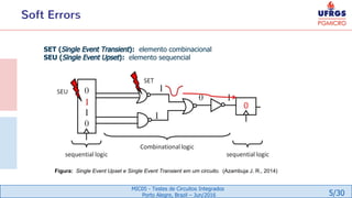 5/30
MIC05 - Testes de Circuitos Integrados
Porto Alegre, Brazil – Jun/2016
Soft Errors
SET (Single Event Transient): elemento combinacional
SEU (Single Event Upset): elemento sequencial
Figura: Single Event Upset e Single Event Transient em um circuito. (Azambuja J. R., 2014)
 