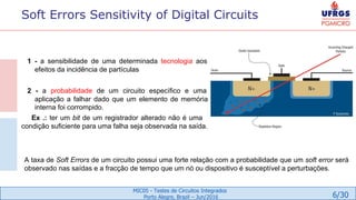 6/30
MIC05 - Testes de Circuitos Integrados
Porto Alegre, Brazil – Jun/2016
Soft Errors Sensitivity of Digital Circuits
A taxa de Soft Errors de um circuito possui uma forte relação com a probabilidade que um soft error será
observado nas saídas e a fracção de tempo que um nó ou dispositivo é susceptível a perturbações.
1 - a sensibilidade de uma determinada tecnologia aos
efeitos da incidência de partículas
2 - a probabilidade de um circuito específico e uma
aplicação a falhar dado que um elemento de memória
interna foi corrompido.
Ex .: ter um bit de um registrador alterado não é uma
condição suficiente para uma falha seja observada na saída.
 