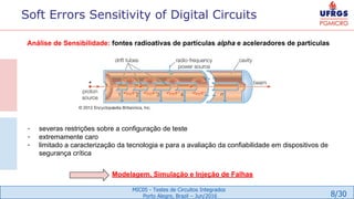 8/30
MIC05 - Testes de Circuitos Integrados
Porto Alegre, Brazil – Jun/2016
Análise de Sensibilidade: fontes radioativas de partículas alpha e aceleradores de partículas
- severas restrições sobre a configuração de teste
- extremamente caro
- limitado a caracterização da tecnologia e para a avaliação da confiabilidade em dispositivos de
segurança crítica
Modelagem, Simulação e Injeção de Falhas
Soft Errors Sensitivity of Digital Circuits
 