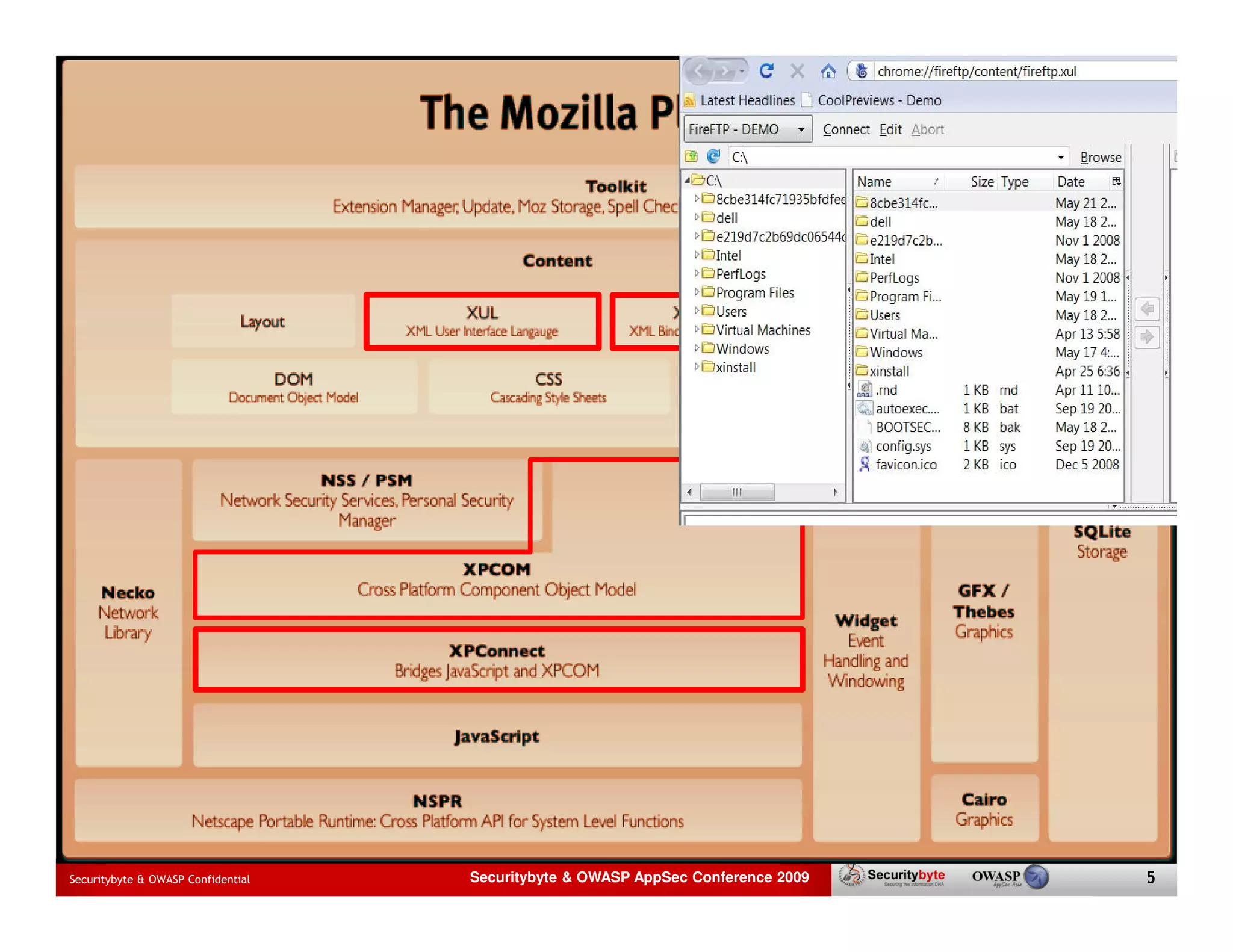 XPConnect: XBL: Chrome: XUL: XPCOM: - middle layerto Extension - provides UIbrowser zone - privilegedcomponents/interfaces – allows creation of new widgets to reusable allows JavaScript extensions Technology interface with XPCOM - combined with CSS, XML and XUL - combined with JavaScript, CSS, – code fully trustedlayer libraries: interact with low Overview HTML elements system, etc. network, I/O, file -.xul file Securitybyte & OWASP Confidential Securitybyte & OWASP AppSec Conference 2009 5 