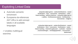 Exploiting Linked Data
● Automatic semantic
enrichment
● Europeana de-references
AAT URLs to add concept
labels in all available
languages
-> enables multilingual
searches
 