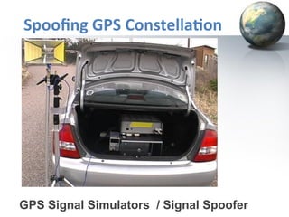 Spooﬁng	
  GPS	
  Constella+on	
  

GPS Signal Simulators / Signal Spoofer

 