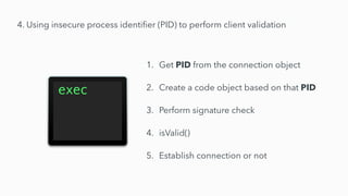 1. Get PID from the connection object


2. Create a code object based on that PID


3. Perform signature check


4. isValid()


5. Establish connection or not
4. Using insecure process identi
fi
er (PID) to perform client validation
 