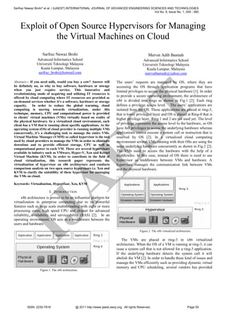 Sarfraz Nawaz Brohi* et al. / (IJAEST) INTERNATIONAL JOURNAL OF ADVANCED ENGINEERING SCIENCES AND TECHNOLOGIES
Vol No. 9, Issue No. 1, 055 - 060

Exploit of Open Source Hypervisors for Managing
the Virtual Machines on Cloud
Advanced Informatics School
Universiti Teknologi Malaysia
Kuala Lumpur, Malaysia
sarfraz_brohi@hotmail.com

The users’ requests are managed by OS, where they are
accessing the OS through application programs that have
limited privileges to access the physical hardware [1]. In order
to provide a secure operating environment, the architecture of
x86 is divided into rings as shown in Fig.1 [2]. Each ring
defines a privilege access level. The users’ applications are
isolated from the OS. These applications are placed at ring-3,
that is lower privileged layer and OS is placed at Ring-0 that is
higher privilege layer. Ring 1 and 2 are not used yet. The level
of privilege represents the access level to the hardware, so OS
have full privileges to access the underlying hardware whereas
applications cannot execute a system call or instruction that is
reserved by OS [2]. In a virtualized cloud computing
environment several VMs running with their OSs are using the
same underlying hardware concurrently as shown in Fig.2 [2].
The VMs need to access the hardware with the help of a
middleware. In this case, instead of OS there is need to use
hypervisor as middleware between VMs and hardware. A
hypervisor manages the communication link between VMs
and the physical hardware.

IJ
A

ES

Abstract— If you need milk, would you buy a cow? Answer will
be definitely no, so why to buy software, hardware or storage
when you just require service. This innovative and
revolutionizing mode of acquiring and utilizing IT resources is
offered by cloud computing where IT resources are provided as
on-demand services whether it’s a software, hardware or storage
capacity. In order to reduce the global warming, cloud
computing is moving towards virtualization, under this
technique, memory, CPU and computational power is provided
to clients’ virtual machines (VMs) virtually based on reality of
the physical hardware. In a virtualized cloud environment, each
client has a VM that is running client specific applications. As the
operating system (OS) of cloud provider is running multiple VMs
concurrently, it’s a challenging task to manage the entire VMs.
Virtual Machine Manager (VMM) so called hypervisor is the tool
used by cloud providers to manage the VMs in order to eliminate
downtime and to provide efficient storage, CPU as well as
computational power to each VM. There are several hypervisors
available in industry such as VMware, Hyper-V, Xen and Kernel
Virtual Machine (KVM). In order to contribute in the field of
cloud virtualization, this research paper represents the
virtualization of hypervisor on x86 architecture and conducts
comparison analysis on two open source hypervisors i.e. Xen and
KVM to clarify the suitability of these hypervisor for managing
the VMs on cloud.

Mervat Adib Bamiah

Advanced Informatics School
Universiti Teknologi Malaysia
Kuala Lumpur, Malaysia
mervatbamiah@yahoo.com

T

Sarfraz Nawaz Brohi

Keywords: Virtualization, Hypervisor, Xen, KVM

I. INTRODUCTION

x86 architecture is proven to be an influential platform for
virtualization in enterprise computing due to its powerful
features such as large scale multithreading with eight or more
processing cores, high speed CPU and chipset for advanced
reliability, availability and serviceability (RAS) [2]. In an
operating environment, OS acts as a middleware between the
users and hardware.

Figure 1. The x86 architecture.

ISSN: 2230-7818

Figure 2. The x86 virtualized architecture.

The VMs are placed at ring-3 in x86 virtualized
architecture. When the OS of a VM is running at ring-3, it can
issue a system call that is not allowed for a ring-3 application.
If the underlying hardware detects the system call it will
abolish the VM [2]. In order to handle these kind of issues and
manage the VMs efficiently such as providing dynamic virtual
memory and CPU scheduling, several vendors has provided

@ 2011 http://www.ijaest.iserp.org. All rights Reserved.

Page 55

 