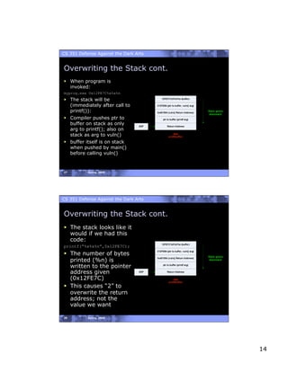 CS 351 Defense Against the Dark Arts


Overwriting the Stack cont.
  When program is
   invoked:
myprog.exe 0x12FE7C%x%x%n
  The stack will be
   (immediately after call to
   printf()):
  Compiler pushes ptr to
   buffer on stack as only
   arg to printf(); also on
   stack as arg to vuln()
  buffer itself is on stack
   when pushed by main()
   before calling vuln()


27         Spring, 2008




CS 351 Defense Against the Dark Arts


Overwriting the Stack cont.
  The stack looks like it
   would if we had this
   code:
printf(“%x%x%n”,0x12FE7C);
  The number of bytes
   printed (%n) is
   written to the pointer
   address given
   (0x12FE7C)
  This causes “2” to
   overwrite the return
   address; not the
   value we want

28         Spring, 2008




                                       14
 