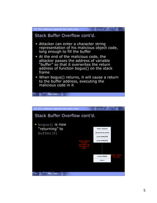 CS 351 Defense Against the Dark Arts

Stack Buffer Overflow cont’d.
   Attacker can enter a character string
    representation of his malicious object code,
    long enough to fill the buffer
   At the end of the malicious code, the
    attacker passes the address of variable
    “buffer” so that it overwrites the return
    address of function bogus() on the stack
    frame
   When bogus() returns, it will cause a return
    to the buffer address, executing the
    malicious code in it

9          Spring, 2008




CS 351 Defense Against the Dark Arts


Stack Buffer Overflow cont’d.

  bogus() is now
   “returning” to
   buffer[0]




10         Spring, 2008




                                                   5
 