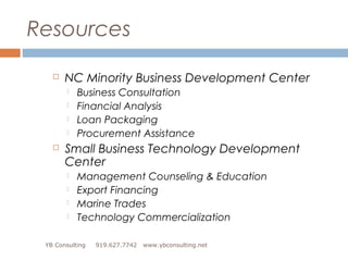Resources


NC Minority Business Development Center







Business Consultation
Financial Analysis
Loan Packaging
P...