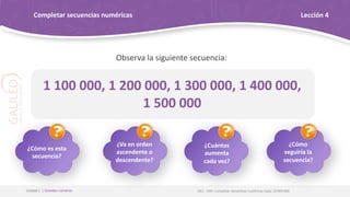 OA1 - OAE: Completar secuencias numéricas hasta 10 000 000
Unidad 1 | Grandes números
Completar secuencias numéricas Lección 4
Observa la siguiente secuencia:
1 100 000, 1 200 000, 1 300 000, 1 400 000,
1 500 000
¿Cómo es esta
secuencia?
¿Va en orden
ascendente o
descendente?
¿Cuántos
aumenta
cada vez?
¿Cómo
seguiría la
secuencia?
 