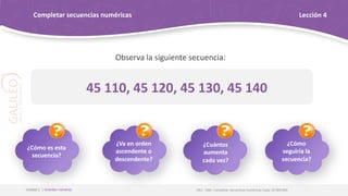 Observa la siguiente secuencia:
OA1 - OAE: Completar secuencias numéricas hasta 10 000 000
Unidad 1 | Grandes números
Completar secuencias numéricas Lección 4
45 110, 45 120, 45 130, 45 140
¿Cómo es esta
secuencia?
¿Va en orden
ascendente o
descendente?
¿Cuántos
aumenta
cada vez?
¿Cómo
seguiría la
secuencia?
 