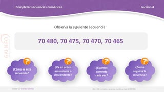 Observa la siguiente secuencia:
OA1 - OAE: Completar secuencias numéricas hasta 10 000 000
Unidad 1 | Grandes números
Completar secuencias numéricas Lección 4
70 480, 70 475, 70 470, 70 465
¿Cómo es esta
secuencia?
¿Va en orden
ascendente o
descendente?
¿Cuántos
aumenta
cada vez?
¿Cómo
seguiría la
secuencia?
 