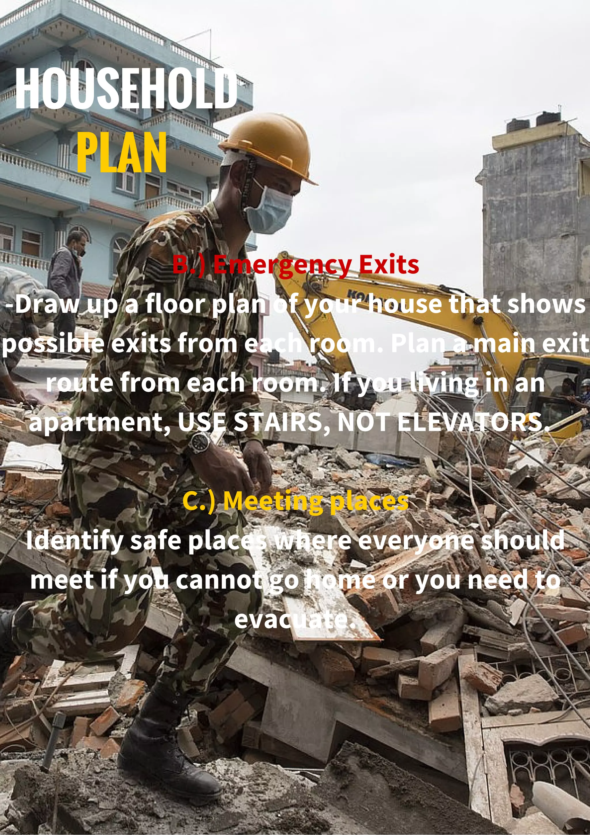 B.) Emergency Exits
-Draw up a floor plan of your house that shows
possible exits from each room. Plan a main exit
route from each room. If you living in an
apartment, USE STAIRS, NOT ELEVATORS.
C.) Meeting places
Identify safe places where everyone should
meet if you cannot go home or you need to
evacuate.
HOUSEHOLD
PLAN
 