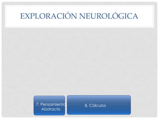 EXPLORACIÓN NEUROLÓGICA




   7. Pensamiento   8. Cálculos
      Abstracto
 