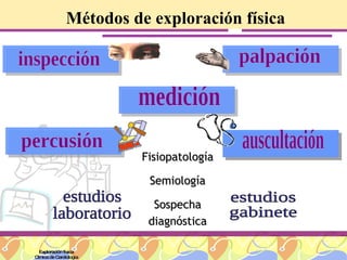 Métodos de exploración física Exploración física Clínica de Cardiología inspección palpación percusión auscultación estudios  laboratorio estudios  gabinete Fisiopatología Semiología Sospecha diagnóstica medición auscultación auscultación 