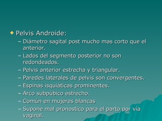 Pelvis Androide: Diámetro sagital post mucho mas corto que el anterior. Lados del segmento posterior no son redondeados. Pelvis anterior estrecha y triangular. Paredes laterales de pelvis son convergentes. Espinas isquiáticas prominentes. Arco subpúbico estrecho.  Común en mujeres blancas Supone mal pronostico para el parto por vía vaginal. 