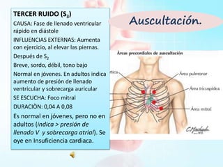 TERCER RUIDO (S3)
CAUSA: Fase de llenado ventricular
rápido en diástole
INFLUENCIAS EXTERNAS: Aumenta
con ejercicio, al elevar las piernas.
Después de S2
Breve, sordo, débil, tono bajo
Normal en jóvenes. En adultos indica
aumento de presión de llenado
ventricular y sobrecarga auricular
SE ESCUCHA: Foco mitral
DURACIÒN: 0,04 A 0,08
Es normal en jóvenes, pero no en
adultos (indica > presión de
llenado V y sobrecarga atrial). Se
oye en Insuficiencia cardiaca.
Auscultación.
 