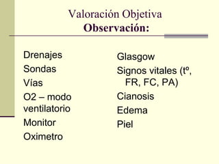 Valoración Objetiva
              Observación:

Drenajes            Glasgow
Sondas              Signos vitales (tº,
Vías                  FR, FC, PA)
O2 – modo           Cianosis
ventilatorio        Edema
Monitor             Piel
Oximetro
 
