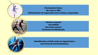 •Postmodern Dance
•Se crea en 1960
•Difuminación de separación entre artista y espectador
•Técnica corporal
•Actualidad
•De froma natural
•Promueve la hibridación
Identificamos el baile como un espectáculo o
una forma de entretenimiento.
 
