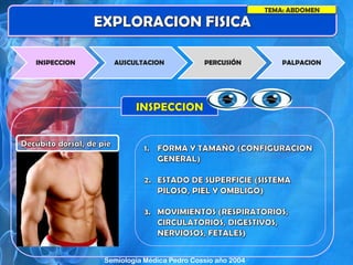 TEMA: ABDOMEN
INSPECCION AUSCULTACION PERCUSIÓN PALPACION
Semiología Médica Pedro Cossio año 2004
 
