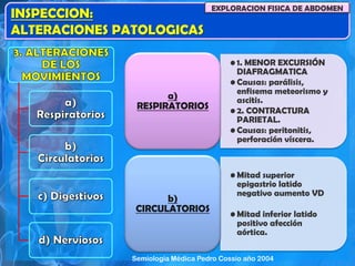 INSPECCION:
ALTERACIONES PATOLOGICAS
EXPLORACION FISICA DE ABDOMEN
• 1. MENOR EXCURSIÓN
DIAFRAGMATICA
• Causas: parálisis,
enfisema meteorismo y
ascitis.
• 2. CONTRACTURA
PARIETAL.
• Causas: peritonitis,
perforación víscera.
a)
RESPIRATORIOS
• Mitad superior
epigastrio latido
negativo aumento VD
• Mitad inferior latido
positivo afección
aórtica.
b)
CIRCULATORIOS
Semiología Médica Pedro Cossio año 2004
 