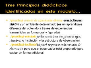 Aprendizaje a través de experiencias directas  en relación a un objetivo  y un ambiente determinado (es un aprendizaje diferente del obtenido a través de experiencias transmitidas en forma oral y figurada) Aprendizaje orientado  por las sensaciones que genera el lugar, situaciones  o institución y la estructura de observación  Aprendizaje incidental  (al paso), no previsto en la estructura de observación,  pero que el observador está preparado para captar en forma  adicional. 
