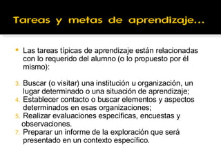 Las tareas típicas de aprendizaje están relacionadas con lo requerido del alumno (o lo propuesto por él mismo):  Buscar (o visitar) una institución u organización, un lugar determinado o una situación de aprendizaje; Establecer contacto o buscar elementos y aspectos determinados en esas organizaciones; Realizar evaluaciones específicas, encuestas y observaciones. Preparar un informe de la exploración que será presentado  en un contexto específico. 