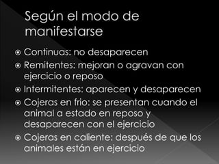  Continuas: no desaparecen
 Remitentes: mejoran o agravan con
ejercicio o reposo
 Intermitentes: aparecen y desaparecen
 Cojeras en frio: se presentan cuando el
animal a estado en reposo y
desaparecen con el ejercicio
 Cojeras en caliente: después de que los
animales están en ejercicio
 