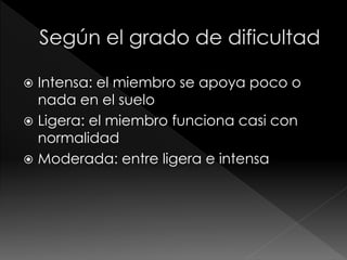  Intensa: el miembro se apoya poco o
nada en el suelo
 Ligera: el miembro funciona casi con
normalidad
 Moderada: entre ligera e intensa
 