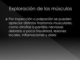  Por inspección o palpación se pueden
apreciar distintos trastornos musculares,
como atrofias o parálisis nerviosas
debidas a poca movilidad, lesiones
locales, inflamaciones y dolor
 