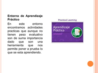 Entorno de Aprendizaje
Práctico
En este entorno
encontramos actividades
practicas que aunque no
tienen peso evaluativo
son de suma importancia
dado que son una
herramienta que nos
permite poner a prueba lo
que se esta aprendiendo.
 