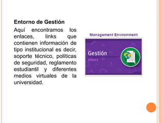 Entorno de Gestión
Aquí encontramos los
enlaces, links que
contienen información de
tipo institucional es decir,
soporte técnico, políticas
de seguridad, reglamento
estudiantil y diferentes
medios virtuales de la
universidad.
 