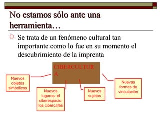 No estamos sólo ante unaNo estamos sólo ante una
herramienta…herramienta…
 Se trata de un fenómeno cultural tanSe trata de un fenómeno cultural tan
importante como lo fue en su momento elimportante como lo fue en su momento el
descubrimiento de la imprentadescubrimiento de la imprenta
CIBERCULTUR
A
Nuevos
objetos
simbólicos
Nuevos
lugares: el
ciberespacio,
los cibercafés
Nuevos
sujetos
Nuevas
formas de
vinculación
 