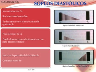 AUSCULTACIÓN


-Justo después de S2

-Sin intervalo discernible

-Se desvanece en el silencio antes del
siguiente S1                               Soplo diastólico temprano



-Poco después de S2

-Puede desvanecerse o fusionarse con un
soplo diastólico tardío
                                           Soplo mesodiastólico




-Inicia en la parte final de la diástole

-Continua hasta S1

                                           Soplo diastólico tardío (presistólico)
                             ESM-IPN                                         122
 