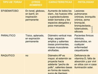 TIPO DE TORAX         OTROS          CARACTERISTICAS              PATOLOGIAS
                      NOMBRES

EFISEMATOSO      En tonel, globoso,   Aumento de todos los      Lesiones
                 en barril, en        diam., los huecos infra   pulmonares
                 inspiración          y supraclaviculares       crónicas, bronquitis
                 permanente           están borrados y los      crónica, asma
                                      espacios alargados y      bronquial,
                                      poco marcados.            bronquiectasia,




                                                                               ESM-IPN
                                                                tuberculosis,
                                                                silicosis
PARALITICO       Tísico, aplanado,    Diámetro vertical mas     Pacientes fimicos
                 en espiración        largo, espacios           crónicos,
                 permanente           amplios y salientes       desnutridos, en
                                      óseas prominentes,        cualquier
                                      masas musculares          enfermedad
                                      atrofiadas.               caquetizante

RAQUITICO        no                   Diámetro AP es            Deficiencia de
                                      mayor, el esternón se     vitamina D, falta de
                                      proyecta hacia            absorción y por vivir
                                      adelante “pecho de        en sitios con escasa
                                                                              35
                                      pollo”, salientes óseas   iluminación solar.
                                      en forma de rosario,
 