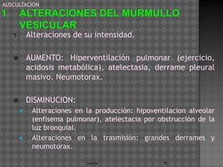 AUSCULTACIÓN




   1.       Alteraciones de su intensidad.

           AUMENTO: Hiperventilación pulmonar (ejercicio,
            acidosis metabólica), atelectasia, derrame pleural
            masivo. Neumotorax.

           DISMINUCION:
            Alteraciones en la producción: hipoventilacion alveolar
             (enfisema pulmonar), atelectacia por obstrucción de la
             luz bronquial.
            Alteraciones en la trasmisión: grandes derrames y
             neumotorax.

                             ESM-IPN                78
 