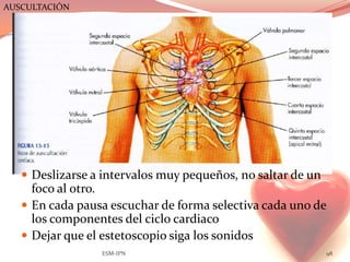 AUSCULTACIÓN




    Deslizarse a intervalos muy pequeños, no saltar de un
     foco al otro.
    En cada pausa escuchar de forma selectiva cada uno de
     los componentes del ciclo cardiaco
    Dejar que el estetoscopio siga los sonidos
                 ESM-IPN                                     98
 